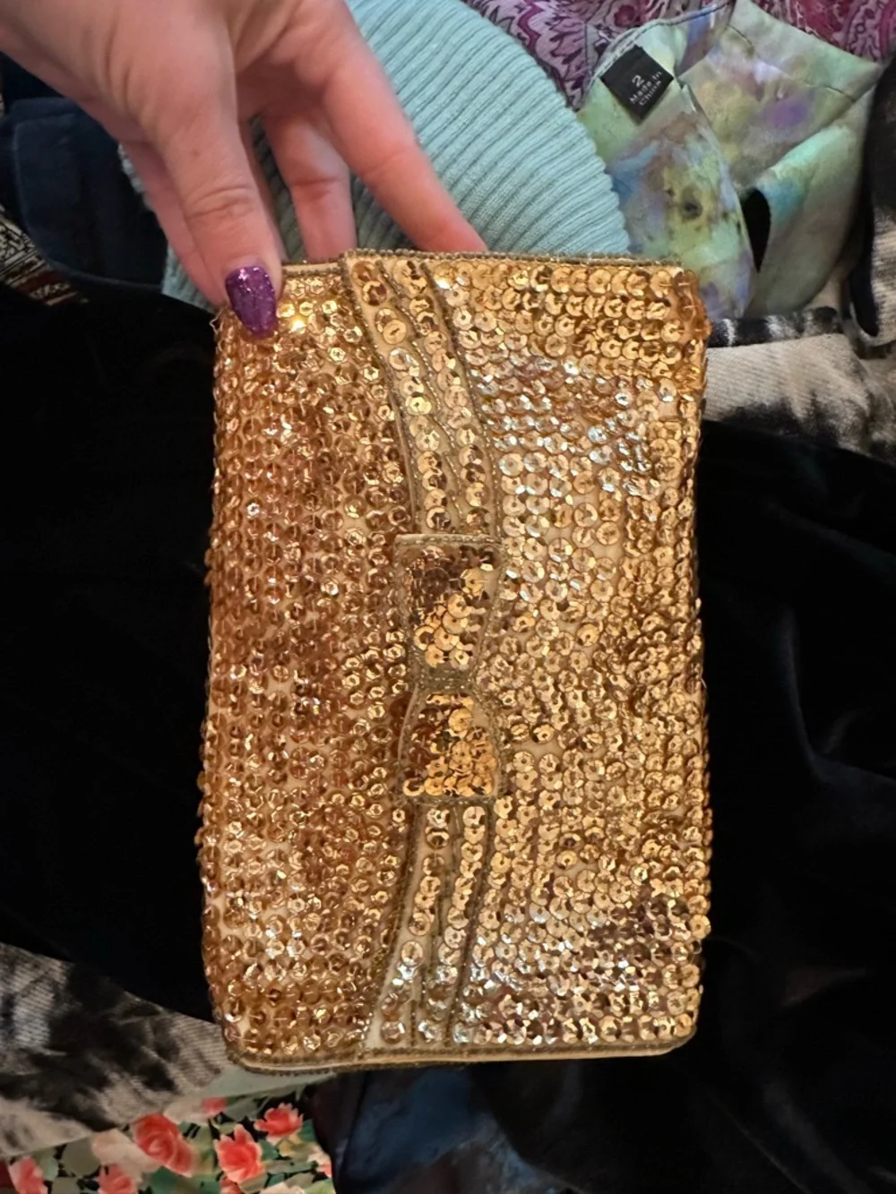 Vintage 80’s/90’s Gold Sequin Clutch with Round Coin Purse Set- Gold